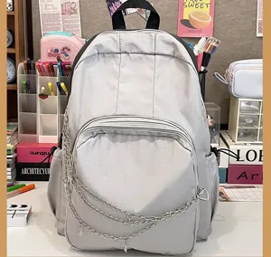 Casual grey school backpack for women students, chic chain decor daily commuter bookbag