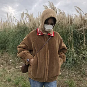 Korean style fleece jacket with knit balaclava hood, warm winter outerwear for women.
