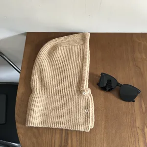 Knitted balaclava hood scarf for women, warm winter fleece hat with snap button design.