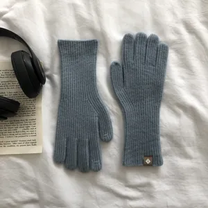 Winter Damen Wolle Strickhandschuhe einfarbig Fünf-Finger Touchscreen warme Handschuhe