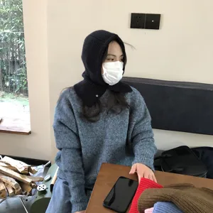 Korean style knitted balaclava hood scarf for women winter warm wool pullover hat