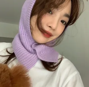 Cozy purple knit balaclava hooded scarf for women, stylish winter warm knitted cap neck warmer.