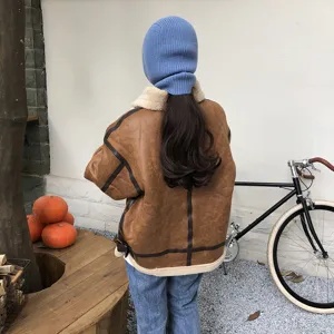 Winter knitted balaclava hood and fleece aviator jacket set, stylish warm cold weather outfit.