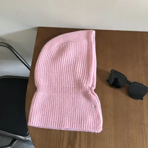 Stylish pink knitted balaclava winter warm hood scarf integrated hat with metal snap button