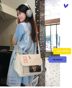 Japanese ins cute canvas messenger bag for teenage girls, clear window ita shoulder bag.