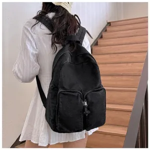 Black denim backpack for men, vintage Japanese style casual school bag with multi pockets.