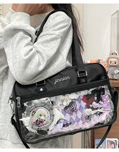 Japanese JK uniform ita bag black shoulder crossbody bag with clear window for badges