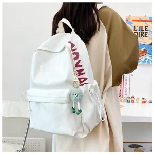 Μινιμαλιστικό casual σακίδιο πλάτης canvas με χαριτωμένο βελούδινο κρεμαστό, μεγάλη σχολική τσάντα
