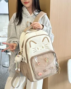 Niedlicher Katzen-Ita-Rucksack Detailansicht mit transparenter Tasche und Plüsch-Anhänger.