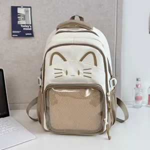 Niedlicher Katzenohren Rucksack mit transparenter Fronttasche für den Alltag und Schule.