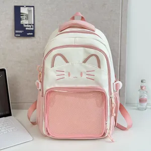 Süßer rosafarbener Schulrucksack mit Katzenohren und transparenter Vordertasche.