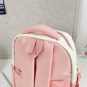 Rosa und weiße Schülerrucksack Details, süßer japanischer Stil, bequeme Schultergurte.
