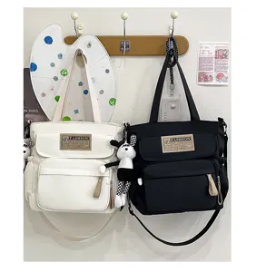 Bolso tote de lona casual bandolera bolsillos múltiples bolsa escolar de estudiante