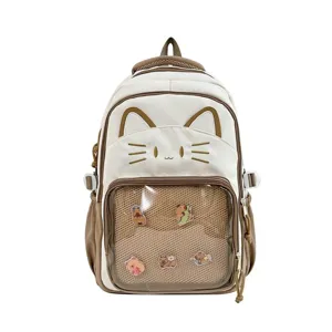 Kawaii cat embroidery detail with transparent ita bag pocket, cute capybara pins showcase.