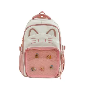 Niedlicher japanischer rosa Katzenohren Rucksack mit transparenter Ita-Bag Tasche und Tiermotiven.