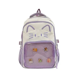 Detail des süßen Katzenohren-Rucksacks mit transparenter Netztasche und niedlichen Pins.