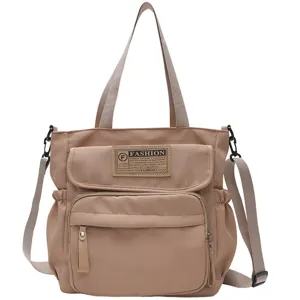 Bolso tote de lona informal para estudiantes bolso bandolera multi bolsillos kaki detalle