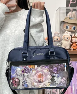 Dark blue JK uniform ita bag with clear transparent front window pocket for anime badges display.