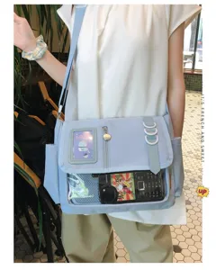 Japanese ins style cute canvas messenger bag with transparent clear pocket for anime badges