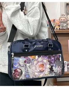 Dark blue ita bag with clear window for anime pins, Japanese JK uniform shoulder bag.