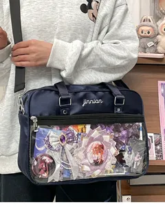 Japanese JK uniform ita bag, dark blue pearl shoulder messenger bag with clear window for pins.