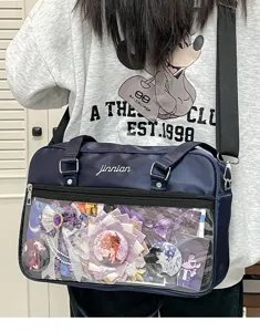 Dark blue ita bag Japanese JK uniform shoulder crossbody bag with clear display window.