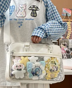 Japanese JK uniform ita bag, white PU leather shoulder crossbody bag with clear display pocket.