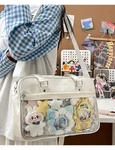 Japanese JK uniform white PU leather ita bag with clear window for pins and anime badges.