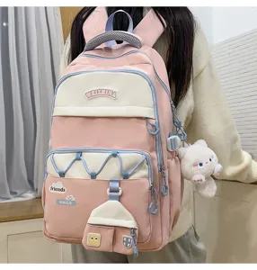 Mochila escolar rosa bonita para estudiantes con bolsillos estilo dulce bolsa de libros para niñas