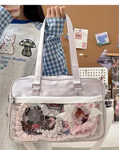 JK uniform clear ita bag light purple shoulder tote bag with transparent display pocket pins.