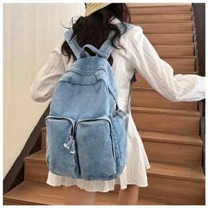 Vintage Japanese denim backpack detail, casual daily school bag for students, durable fabric.