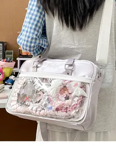 Pearl gloss JK uniform ita bag with transparent front pocket, sweet Japanese style shoulder bag.
