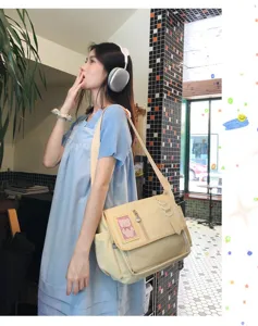Japanese style cute ita messenger bag with transparent pocket, canvas crossbody student bag.