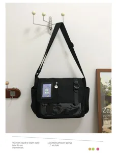 Detail view of black canvas messenger bag with transparent window, casual college style itabag.