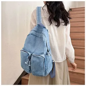 Casual light blue denim backpack detail view, retro student school bag daily use.