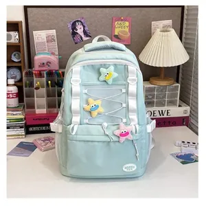 Zaino stile coreano con coulisse e tasche multiple e peluche stelle, zaino casual fresco per scuola.