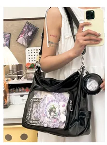 Black PU leather ita bag with clear window, large capacity shoulder tote for anime fans.