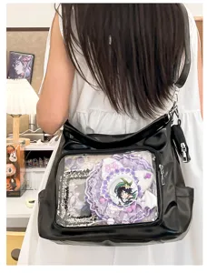 Black PU leather ita bag with clear window, large capacity casual shoulder tote for anime fans.