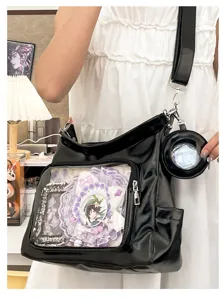 Black glossy ita bag large shoulder tote transparent window anime badge crossbody bag for student