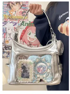 Silver metallic large capacity ita bag transparent shoulder tote for anime fans and students.