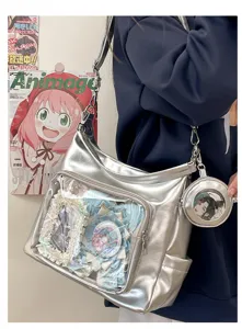 Silver metallic ita bag with clear transparent front pocket for pins and custom displays detailed.