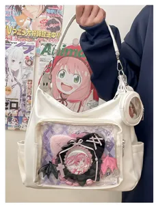 Large capacity white transparent itabag casual tote bag for anime fans, PU leather shoulder bag.