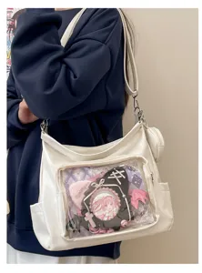 Large capacity white PU leather shoulder tote bag with clear front pocket for anime pins.