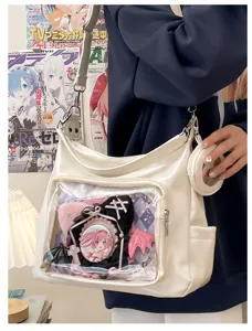 White transparent ita bag detail view, showing clear display pocket for anime badges and plushies.