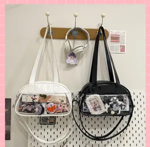 Women ita bag PU leather shoulder messenger bag transparent pocket black and white