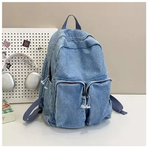 Vintage denim backpack for men casual student school bag retro stylish daily travel bookbag daypack