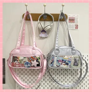 Cute ballet style ita bag PU leather shoulder crossbody bag with transparent pocket for pins.