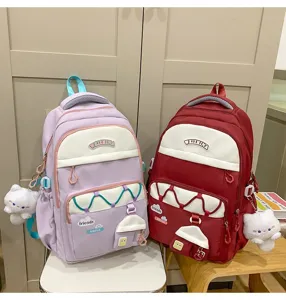 Gran capacidad mochila escolar para niñas, bonita mochila con múltiples bolsillos en púrpura y rojo.