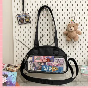 Black clear window ita bag for anime pins and merch, stylish crossbody canvas shoulder bag.