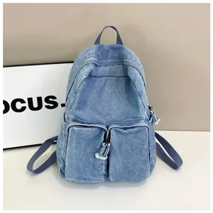 Vintage blue denim backpack with dual front pockets casual student school book bag stylish